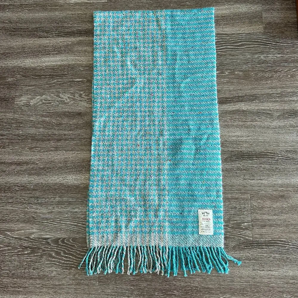 Avoca 100% Wool Blanket Scarf Aqua Blue Fringe Ireland Wrap Irish Wool